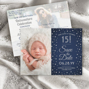 2 Foto Quinceanera Chic Navy Blue Save the Date Uitnodiging Briefkaart