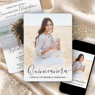 2 Foto Quinceanera Elegant Script 15th Birthday Kaart