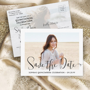 2 Foto Quinceañera Trendy Script Save the Date Aankondigingskaart