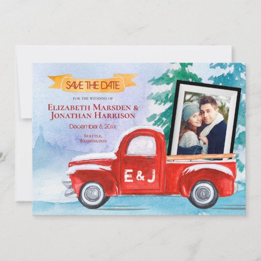 2 Foto Red Truck Winter Kerstmis Save The Date (Voorkant)