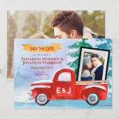 2 Foto Red Truck Winter Kerstmis Save The Date (Voorkant / Achterkant)