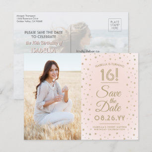 2 Foto Sweet 16 Birthday Save the Date Blush Gold Uitnodiging Briefkaart