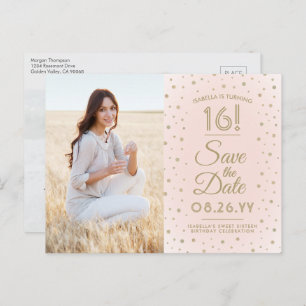 2 Foto Sweet 16 Birthday Save the Date Blush Gold Uitnodiging Briefkaart