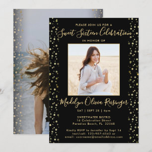 2 Foto Sweet 16 Modern Black en Gold Glitter Kaart