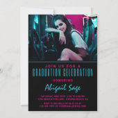 2 Foto Trendy Moderne Aqua Roze Zwarte Afstuderen Kaart (Achterkant)