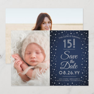 2 Foto van Quinceanera Navy Blue Confetti Sparkle Save The Date
