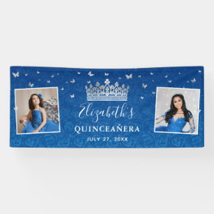 2 Foto Verjaardag Zilver en Koningsblauw Quinceane Spandoek