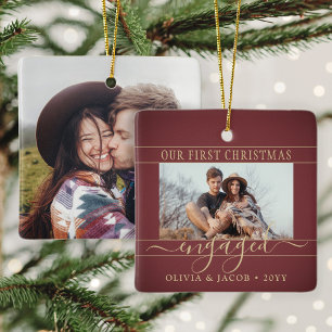 2 Foto Verloving Eerste Kerstmis Bourgogne & Gold Keramisch Ornament