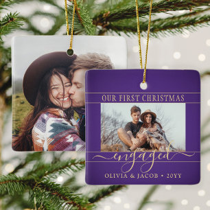 2 Foto Verloving Eerste Kerstmis Paars en Goud Keramisch Ornament