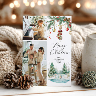 2 Foto Vrolijk Kerstfeest Winter Scene & Mistletoe Feestdagenkaart