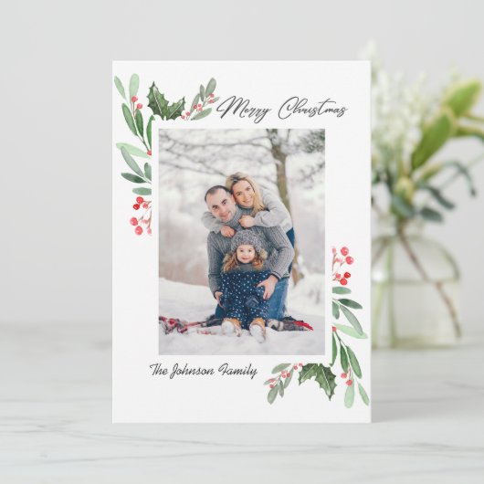2 FOTO Waterverf Mistletoe Holly Berry Kerstmis Feestdagenkaart (Staand voorkant)