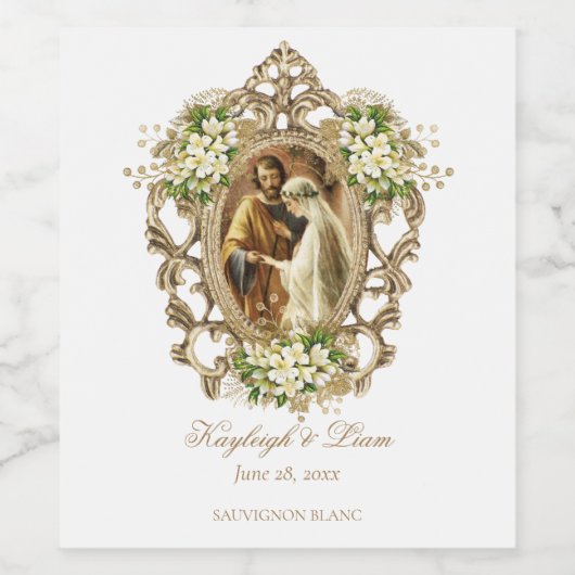 2-foto Wit Bloemen Katholiek Bruiloft Wijn Etiket (Enkel label)