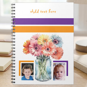 2 foto's aangepaste tekst bloemen paars oranje notitieboek