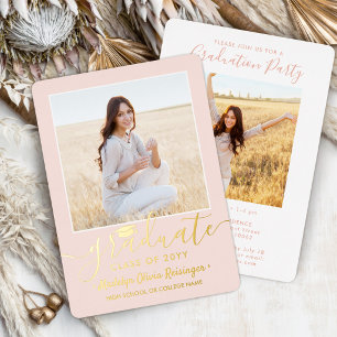 2 Foto's Afstudeerfeest Modern Blush Roze & Echt Folie Uitnodiging
