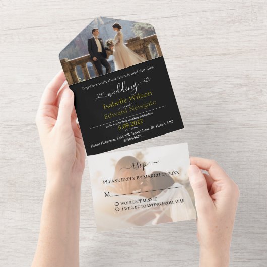 2 foto's allemaal in één trouwuitnodiging, RSVP All In One Uitnodiging (Afscheurbaar)
