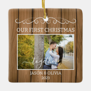 2 foto's Eerste Kerstmis Samen Hout Graan Tegels Keramisch Ornament