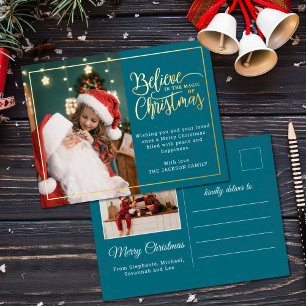 2 foto's geloven in Kerstmagie familie blauw Folie Feestdagen Briefkaart