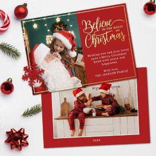 2 foto's geloven in Kerstmagie familie rood Folie Feestdagenkaart