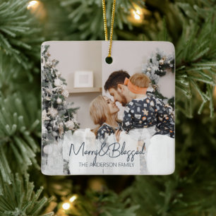 2 Foto's Merry en Blessed Simple Kerstmis Keramisch Ornament