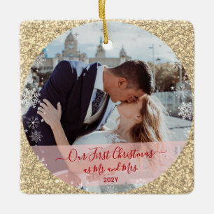 2 foto's onze eerste kerst meneer mevrouw sepia gl keramisch ornament