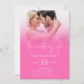 2 Foto's Overlay Script QR Code Hot Pink Bruiloft Kaart (Voorkant)