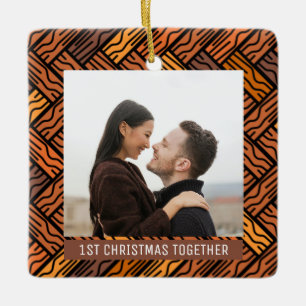 2 foto's Parket Eerste Kerstmis Samen Bruin Keramisch Ornament