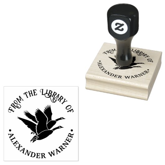 2 ganzen in vlucht bibliotheek boeknaam 	rubberstempel (Gestempeld)