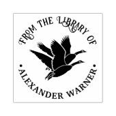 2 ganzen in vlucht bibliotheek boeknaam 	rubberstempel (Afrduk)