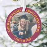 2 Graduation Photo Moderne Maron Rouge Or Jaune<br><div class="desc">Commémorez la réussite du diplômé avec cet élégant marron et la coutume jaune or deux graduations photo autour de l'ornement acrylique de Noël. Les images et tout le texte sont simples à customiser et peuvent être différents à l'avant et à l'arrière. (AVIS DE CONCEPTION D'IMAGE ET DE TEXTE : 1)...</div>