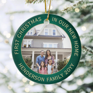 2 House Foto's 1st Xmas New Home geborsteld Green Keramisch Ornament