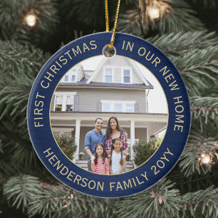 2 House Photos 1st Xmas New Home bored Navy Gold Keramisch Ornament