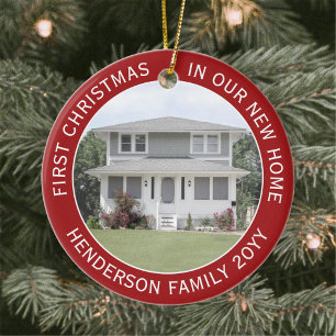 2 House Photos First Xmas New Home Red en White Keramisch Ornament
