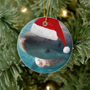 2-in-1 Great White KerstSharks Red Santa Hat Keramisch Ornament