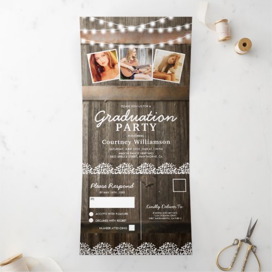 2 in 1 Rustic Babys Breath 2025 Afstuderen Drieluik Uitnodiging (Binnen)