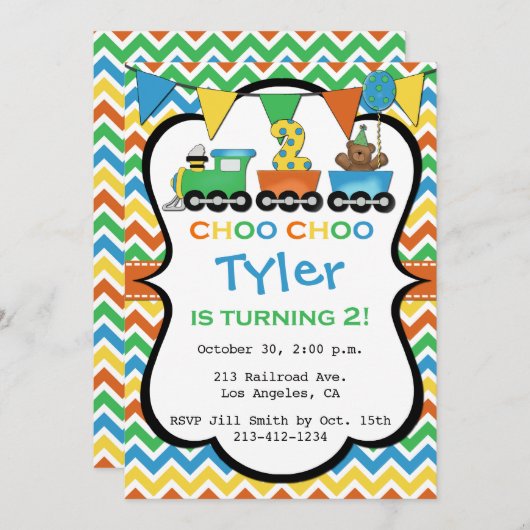 2 jaar oude trein verjaardagsfeestje uitnodiging (Voorkant / Achterkant)
