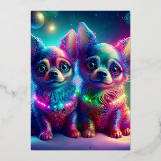 2 Jonge Chihuahua-hondjes in Kleurrijke Kerstscène Folie Feestdagenkaart