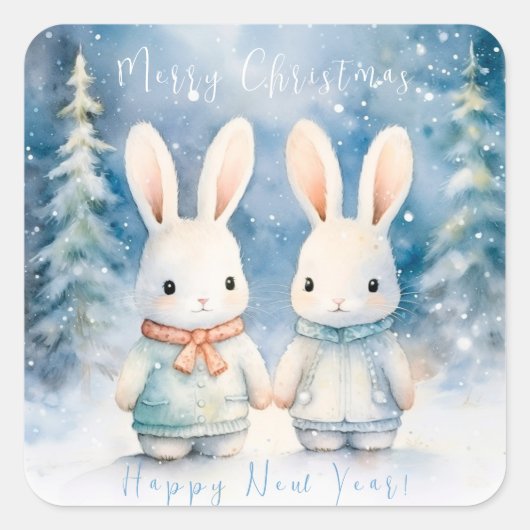 2 kerstkonijnen vierkante sticker (Voorkant)