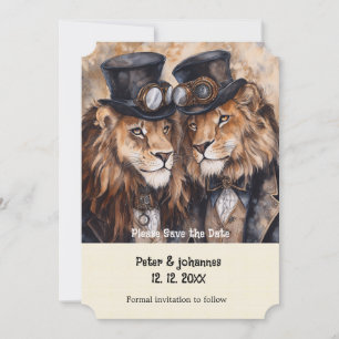 2 mannelijke leeuwen steampunk Save the date Kaart