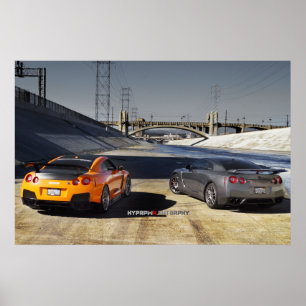 2 Nissan GT-R35 in het centrum van Los Angeles Poster