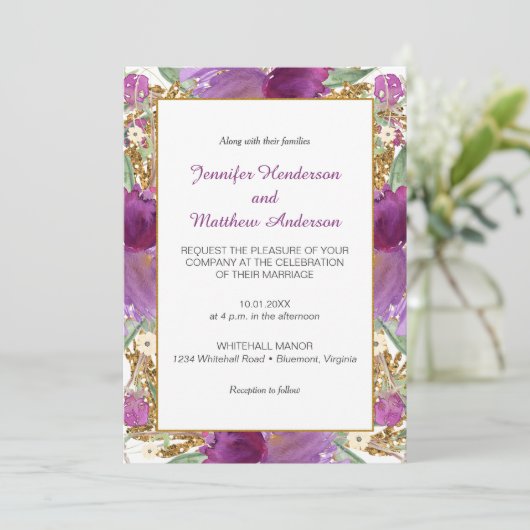2 Paarse Amethist Bloemen Gouden Glitter Invitatio Kaart (Staand voorkant)