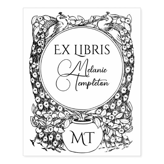 2 Peacocks rondom Potted Plant ex libris Naam Rubberstempel (Afrduk)
