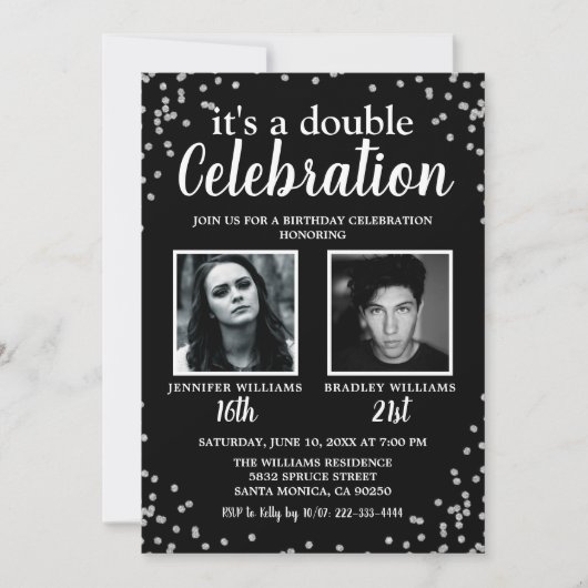 2 Photo Black Silver Invitation Anniversaire (Devant)