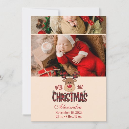 2 Photo Plaid Reindeer Baby First Christmas Feestdagenkaart (Voorkant)