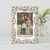 2 Photo Retro Christmas Hand Drawn Red Bow Ribbon Feestdagenkaart (Staand voorkant)