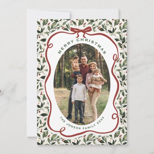 2 Photo Retro Christmas Hand Drawn Red Bow Ribbon Feestdagenkaart (Voorkant)