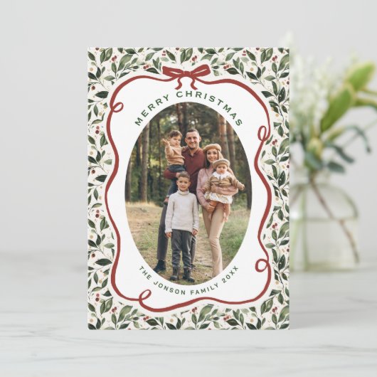 2 Photo Retro Christmas Hand Drawn Red Bow Ribbon Feestdagenkaart (Staand voorkant)