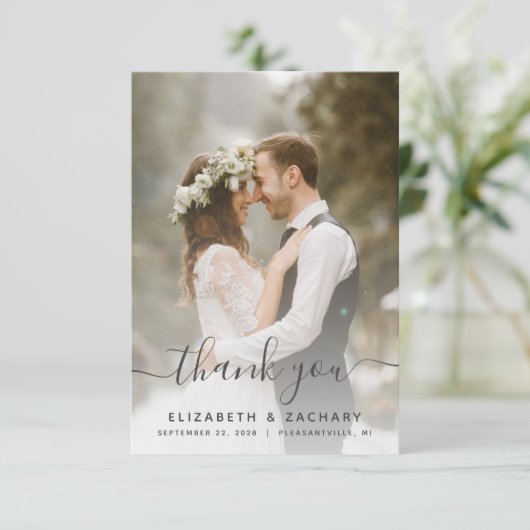 2-Photo Wedding Grey Script Bedankkaart (Staand voorkant)