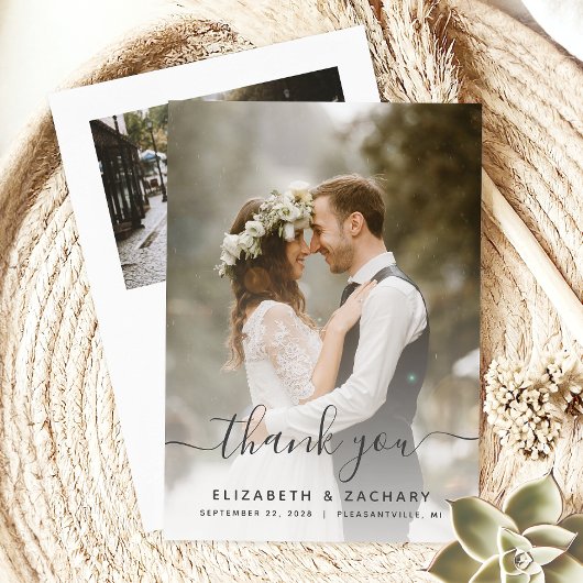 2-Photo Wedding Grey Script Bedankkaart