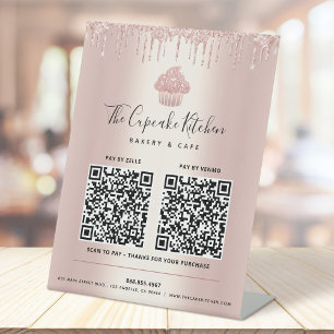 2 QR Code Betaal Hier Roze Gouden Cupcake Glitter  Reclamebord Met Voetstuk