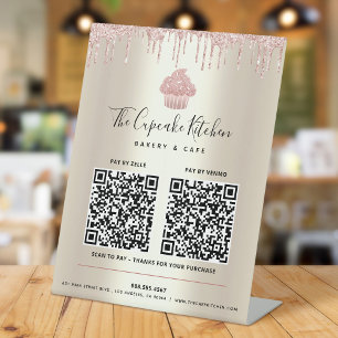2 QR-code betaal hier Roze koekje Glitter Gold Dri Reclamebord Met Voetstuk